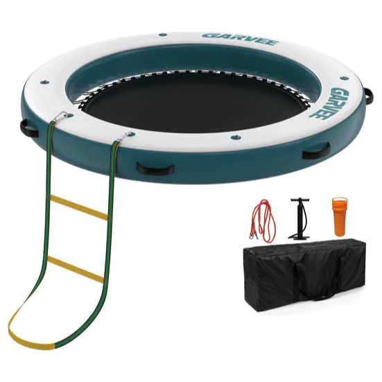 Garvee Plataforma Flotante Inflable 2,4x2,4 m, PVC Marino Reforzado, Hamaca de Malla Central, Escalera, para Lagos, Piscinas y Playas, Azul Pavo Real y Naranja