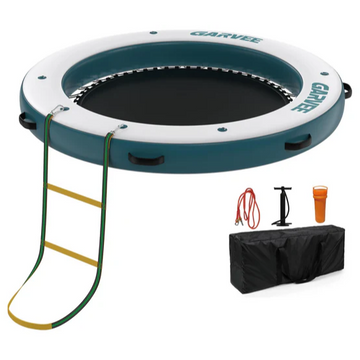 Garvee Plataforma Flotante Inflable 2,4x2,4 m, PVC Marino Reforzado, Hamaca de Malla Central, Escalera, para Lagos, Piscinas y Playas, Azul Pavo Real y Naranja