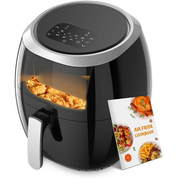 Garvee Freidora de Aire de 8L con Ventana Visual, Air Fryer de 1800W con 8 Programas Táctiles, Circulación de Aire Caliente de 360°, Temperatura y Tiempo Ajustables, Incluye Recetario, Negro/Plata