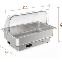 Garvee Chafing Dish Eléctrico de 600W en Acero Inoxidable con Tapa PC-Rolltop Transparente, Bandeja para Buffet y Catering Profesional, 220V, Plata
