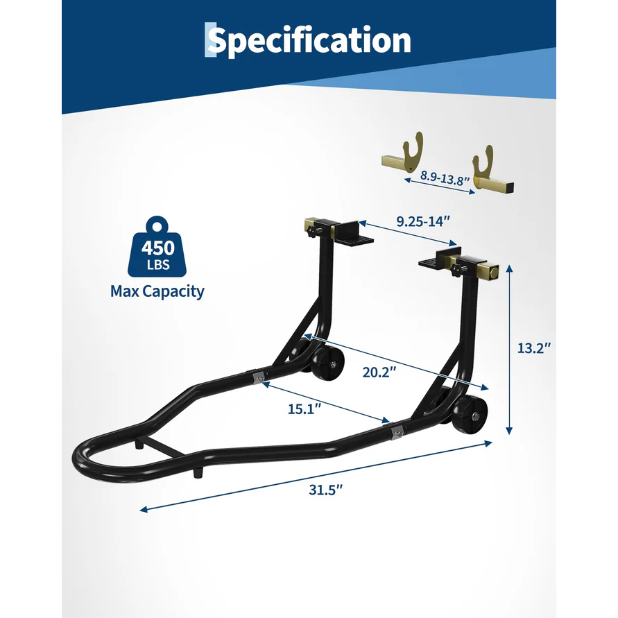 Garvee Soporte Universal para Motocicleta 204 kg con Cabezas de Horquilla Ajustables, Acero Resistente, Protección Antideslizante, para Talleres, Negro