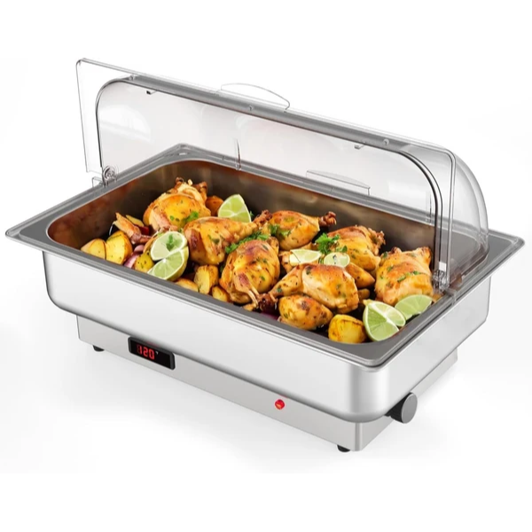 Garvee Chafing Dish Eléctrico de 600W en Acero Inoxidable con Tapa PC-Rolltop Transparente, Bandeja para Buffet y Catering Profesional, 220V, Plata
