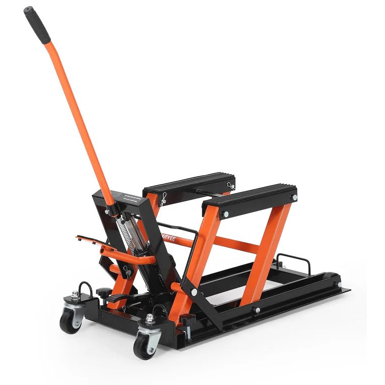 Garvee Elevador Hidráulico para Motocicleta 680kg, Altura Ajustable 12-39cm, Plataforma Antideslizante, Ruedas Giratorias Pesadas, Uso en Taller y Garaje, Negro Naranja