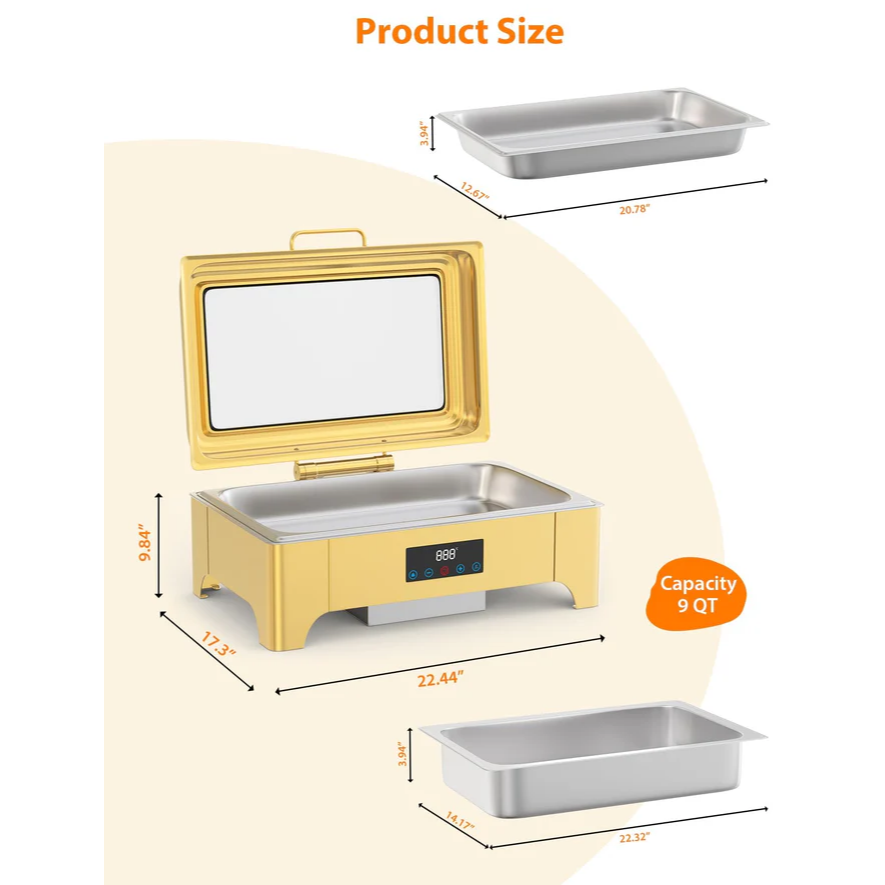 Garvee Chafing Dish Profi Set 9L Acero Inoxidable Para Buffets Y Catering, Gran Capacidad, Fácil Limpieza, Pies Plegables, Asa Ergonómica
