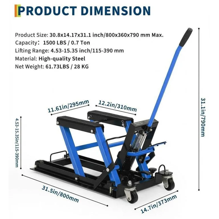 Garvee Elevador Hidráulico para Motocicleta 680kg, Altura Regulable 12-39cm, Plataforma Antideslizante, Ruedas Pesadas Giratorias, Ideal para Taller y Garaje, Negro Azul