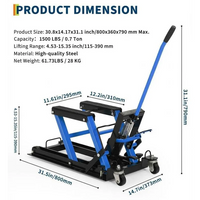 Garvee Elevador Hidráulico para Motocicleta 680kg, Altura Regulable 12-39cm, Plataforma Antideslizante, Ruedas Pesadas Giratorias, Ideal para Taller y Garaje, Negro Azul