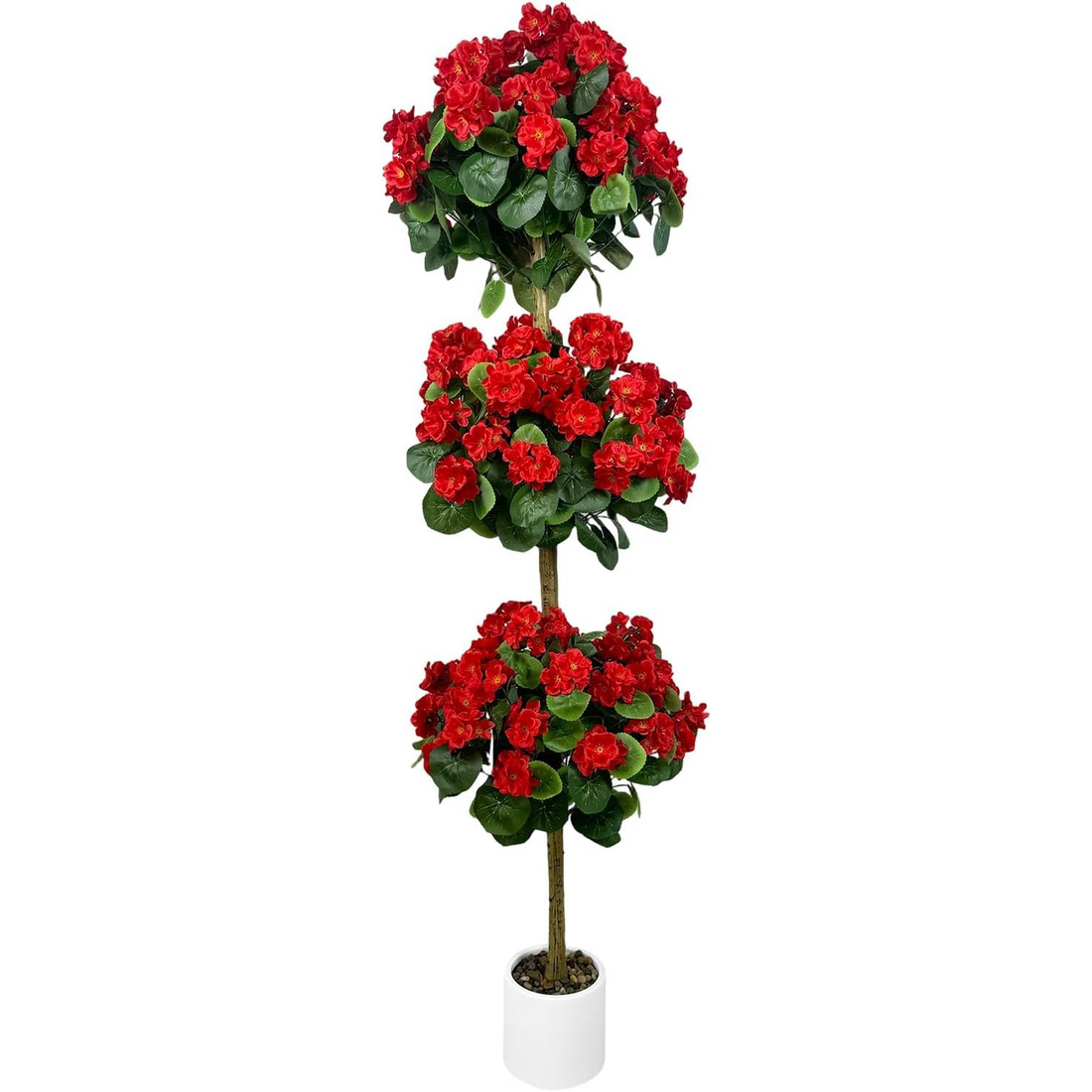 Garvee Árbol de Geranio Artificial de 150 cm con 3 Esferas de Flores de Seda y Maceta Blanca para Decoración de Interior y Exterior, Rojo