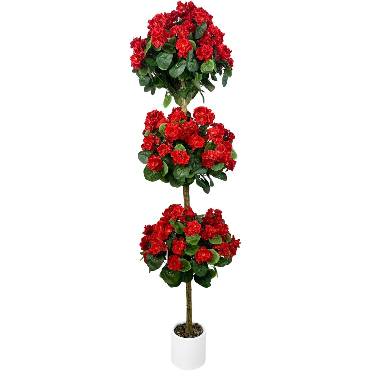 Garvee Árbol de Geranio Artificial de 150 cm con 3 Esferas de Flores de Seda y Maceta Blanca para Decoración de Interior y Exterior, Rojo