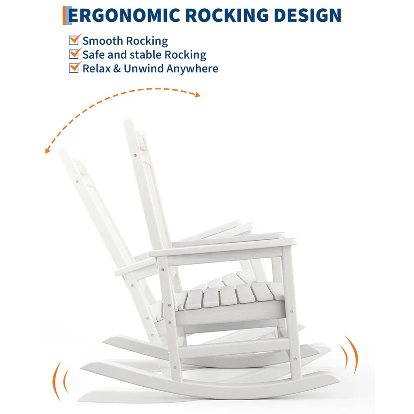 Garvee Silla Mecedora Adirondack de HDPE, Sillón de Jardín Resistente a la Intemperie con Respaldo Alto y Textura de Madera, Capacidad 172 kg Blanco