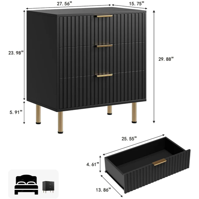Garvee Cómoda de 3 Cajones de Madera de Alta Densidad, Mueble de Almacenamiento Acanalado Resistente al Agua con Sistema Antivuelco para Dormitorio y Salón, Negro