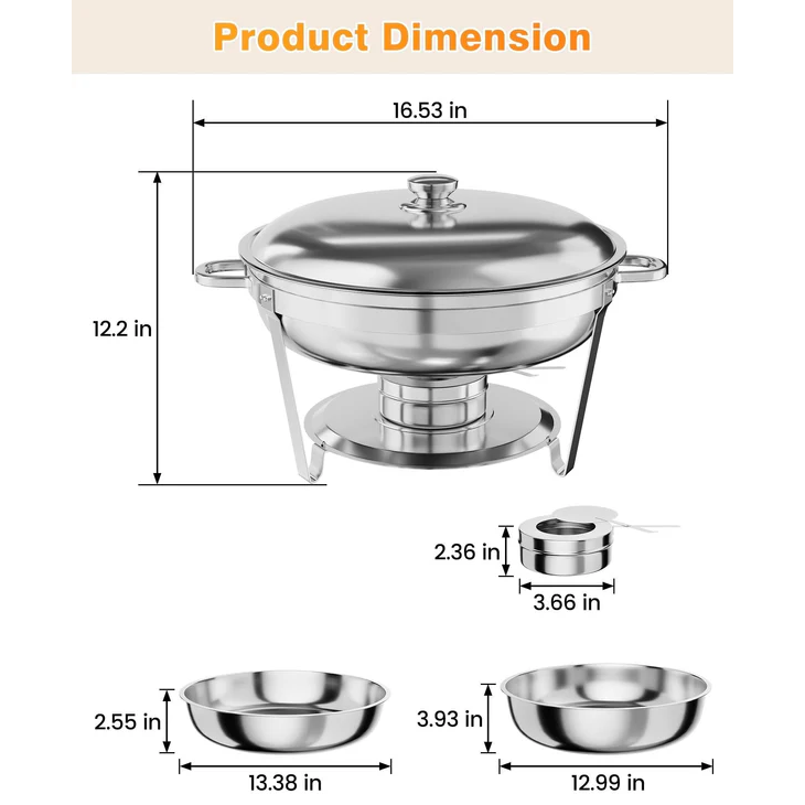 Garvee Set Buffet Redondo 2-Pack 4.7L Acero Inoxidable con Bandejas y Marco Plegable para Catering y Eventos, Durable y Versátil, Plateado