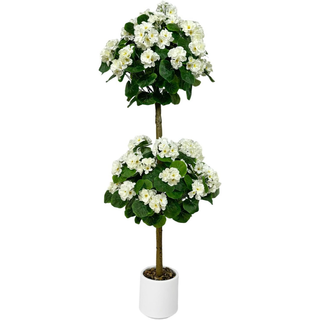 Garvee Geranio Artificial de Doble Bola, Planta Decorativa Realista de Seda para Interior y Exterior Protegido, 120 cm, Maceta Blanca