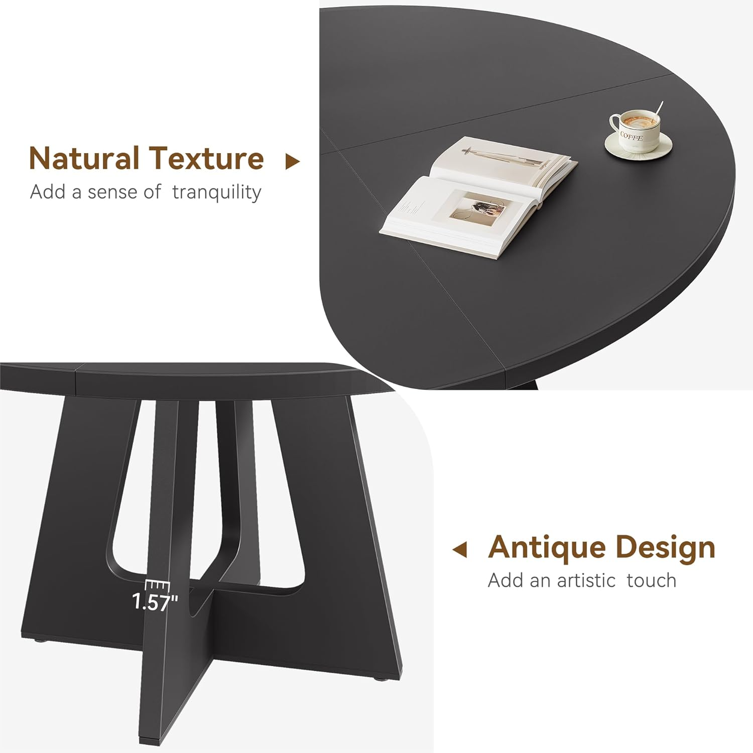 Garvee Mesa de Comedor Redonda 119 cm para 4-6 Personas, Mesa de Cocina de Granja Negra, Tapa de Madera, Base de Pedestal, Pies Antideslizantes Ajustables