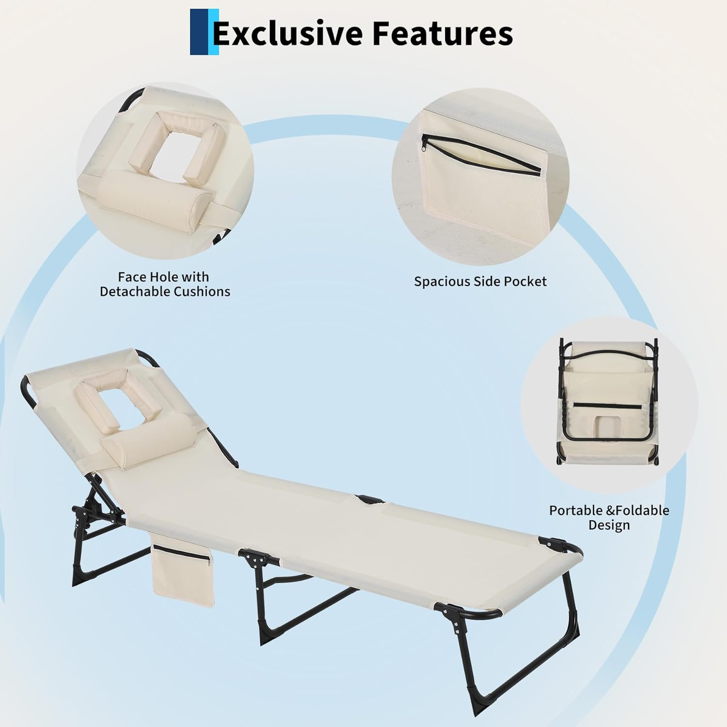 Garvee Tumbona de Playa con Soporte Facial, Respaldo Ajustable 5 Posiciones, Tela Oxford 600D, Plegable, Reposacabezas y Bolsillo Lateral, para Jardín y Playa, Beige