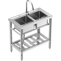 Garvee Fregadero de Cocina Comercial Independiente de Acero Inoxidable, Doble Lavabo con Grifo Extraíble, Incluye Estante y Tubería de Agua Fría y Caliente