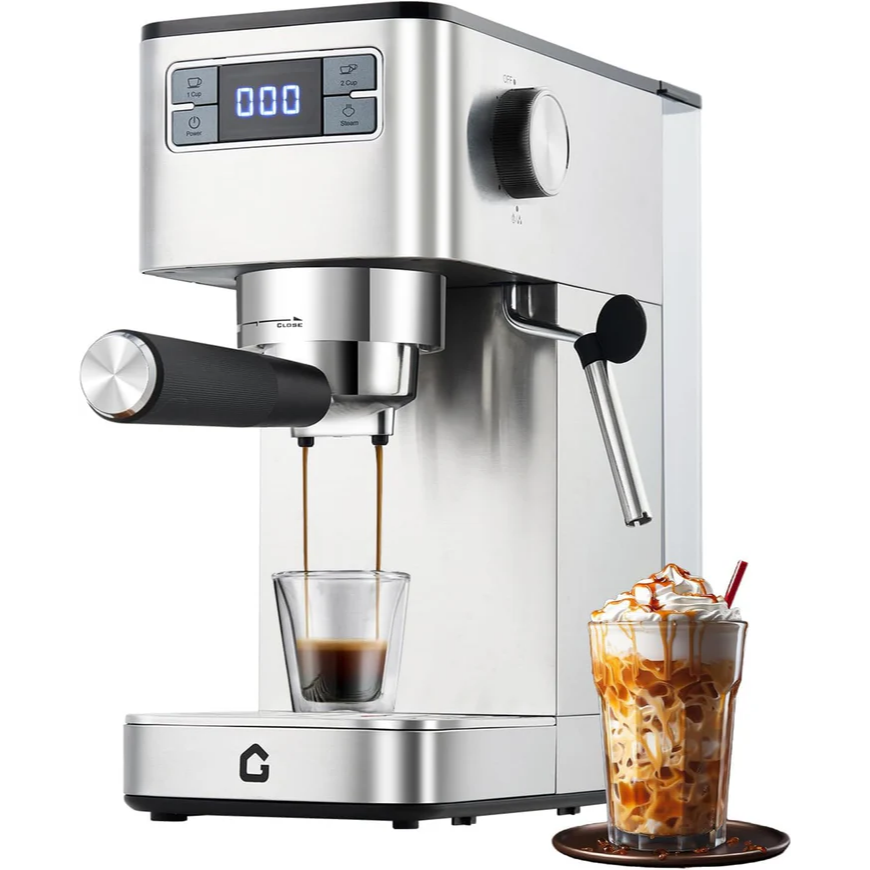 Garvee Máquina de Café Italiana Semiautomática CM5432E-GS 20 Bar Acero Inoxidable Vaporizador 360° Pantalla LED Plata para Hogar y Oficina
