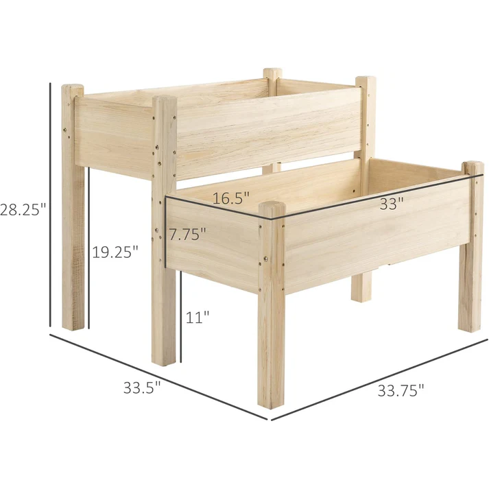 Garvee Huerto Elevado de Madera de Abeto 2 Niveles 84 × 84 × 74 cm con 8 Agujeros de Drenaje para Vegetales Exterior Patio Jardín Capacidad 220L