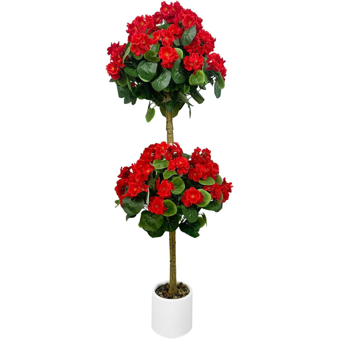 Garvee Geranio Artificial de Doble Bola, Planta Ornamental de Seda Realista para Interior y Exterior, 120 cm, Maceta Blanca, Flores Rojas