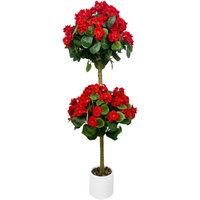 Garvee Geranio Artificial de Doble Bola, Planta Ornamental de Seda Realista para Interior y Exterior, 120 cm, Maceta Blanca, Flores Rojas