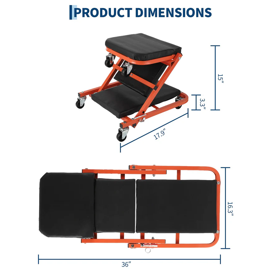 Garvee Asiento Rastrillo Mecánico 2 en 1 Z-Style 91cm, Acero Reforzado, 6 Ruedas, 149.7kg, 2 Pares de Guantes, Negro y Naranja, para Taller