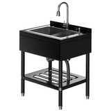 Garvee Fregadero de Acero Inoxidable 304 con Grifo Giratorio 360° y Ducha Extraíble para Garaje y Lavandería, Gran Cubeta Profunda, Negro - Plata
