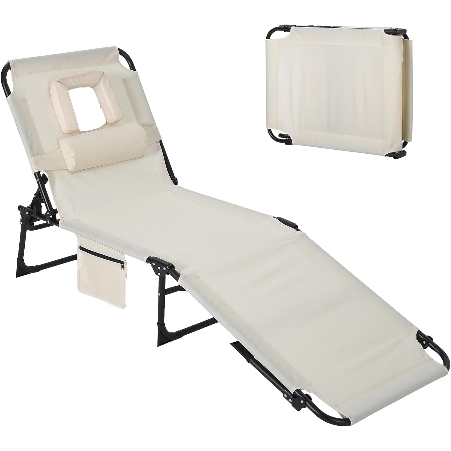 Garvee Tumbona de Playa con Soporte Facial, Respaldo Ajustable 5 Posiciones, Tela Oxford 600D, Plegable, Reposacabezas y Bolsillo Lateral, para Jardín y Playa, Beige