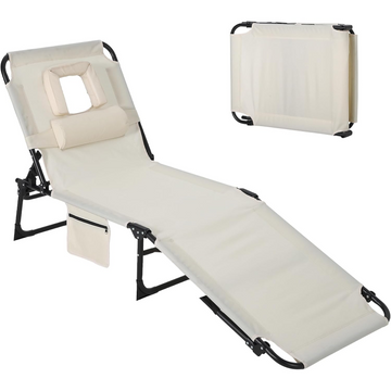 Garvee Tumbona de Playa con Soporte Facial, Respaldo Ajustable 5 Posiciones, Tela Oxford 600D, Plegable, Reposacabezas y Bolsillo Lateral, para Jardín y Playa, Beige