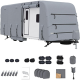 Garvee Cubierta Extra Gruesa para Travel Trailer RV 8.23-9.14 m , Resistente al Agua, con Correas y Cubiertas de Neumáticos, Protección Completa Exterior - Gris