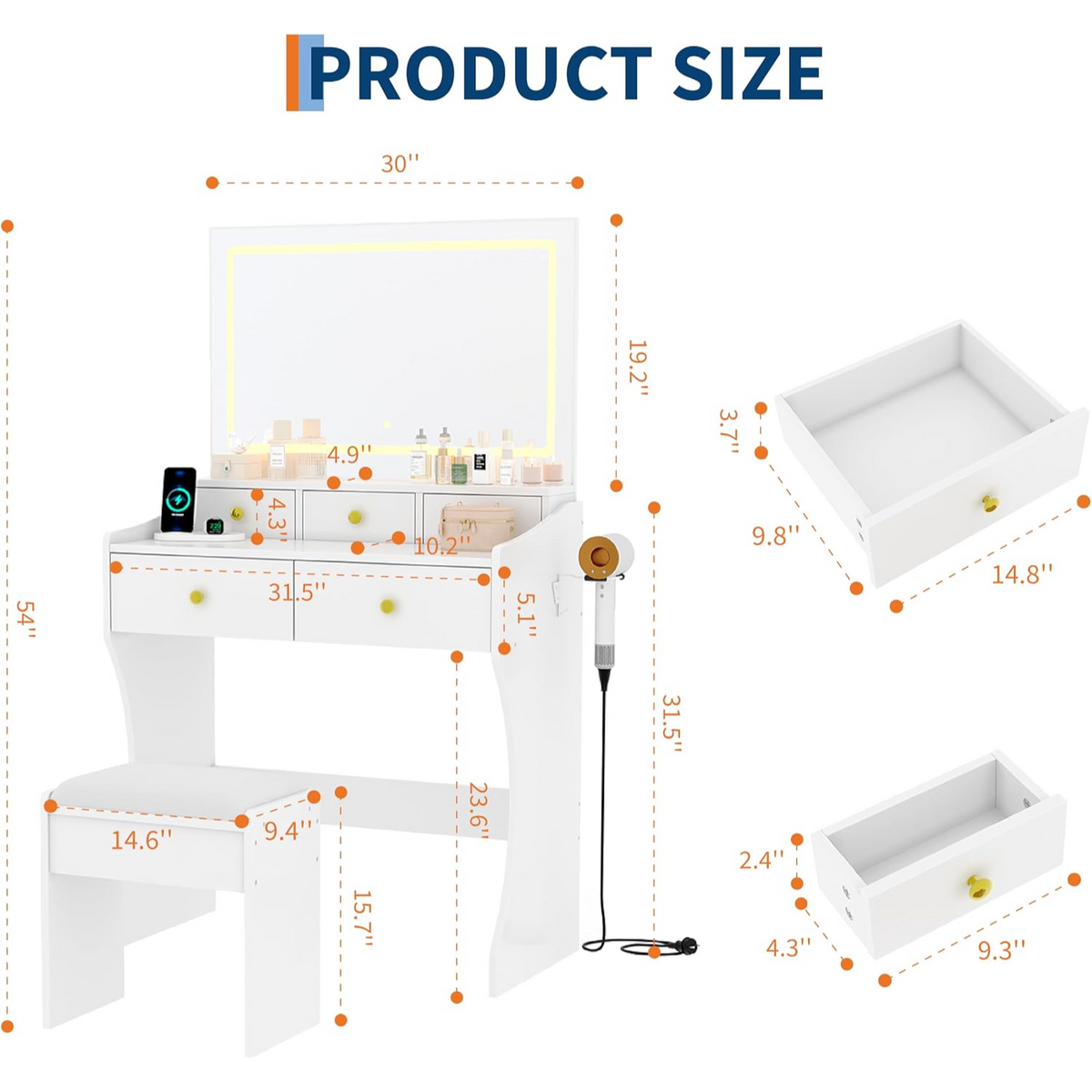 Garvee Tocador Moderno Minimalista de PB 80 cm con Espejo LED Regulable 5 Cajones y Taburete Blanco