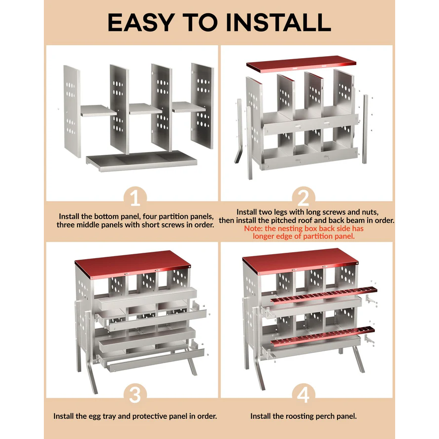 Garvee Caja de Nido para Gallinas 2 Capas 6 Compartimentos con Patas, Acero Galvanizado, Con 6 Huevos Falsos, Recogida Automática Ventilación, Fácil Limpieza, Rojo Verde