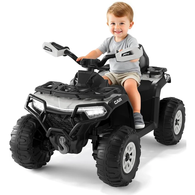 Garvee Quad Eléctrico 12V, 2 Motores, Suspensión, LED, Bluetooth, Música, USB, Control Parental, ATV Offroad, 3-6 años, Exterior, Blanco