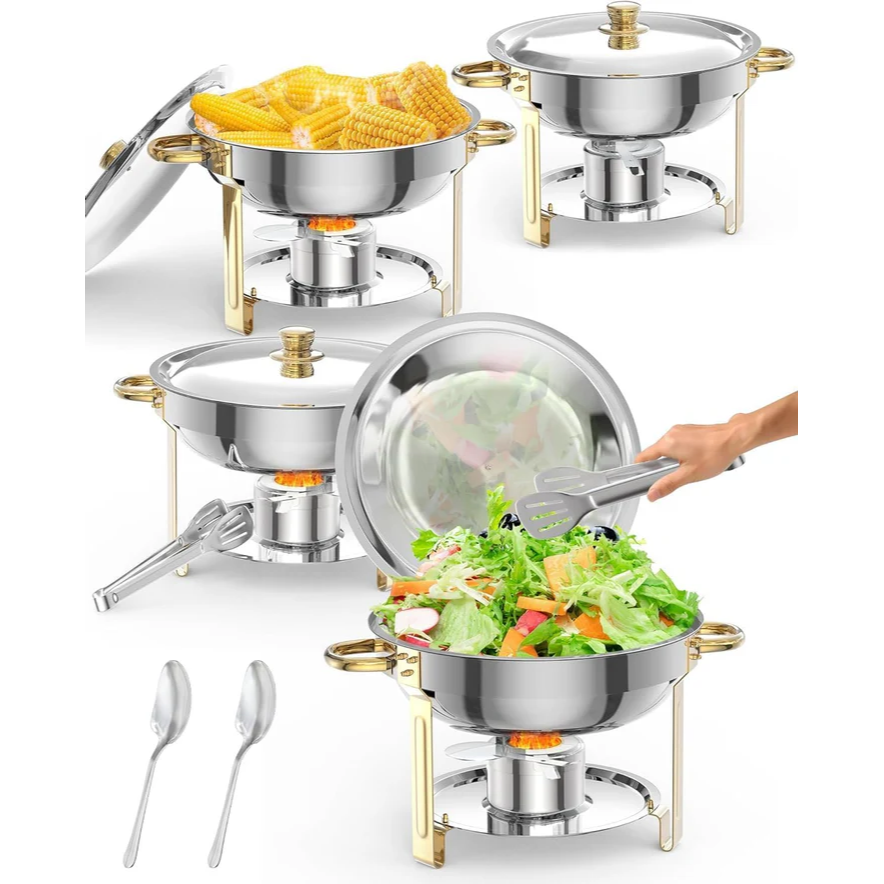 Garvee Juego De 4 Chafing Dishes Redondos 5 QT Acero Inoxidable Con Soporte De Tapa Y Accesorios Para Eventos Banquetes Rojo