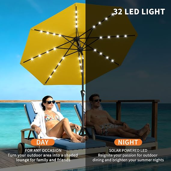 Garvee Sombrilla de Jardín Solar de 270 cm con Luces LED, Inclinación Ajustable y Manivela, Poliéster con Protección UPF, para Terraza y Patio, Amarilla