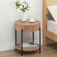 Garvee Mesa Auxiliar Redonda de 50 cm con Cajón, Mesita de Noche de Madera MDF con Diseño de Anillos de Árbol y Patas de Metal para Salón y Dormitorio,Madera Natural