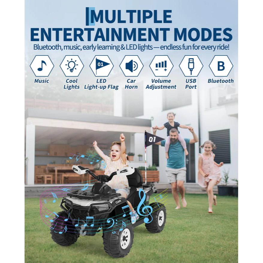Garvee Quad Eléctrico 12V, 2 Motores, Suspensión, LED, Bluetooth, Música, USB, Control Parental, ATV Offroad, 3-6 años, Exterior, Blanco
