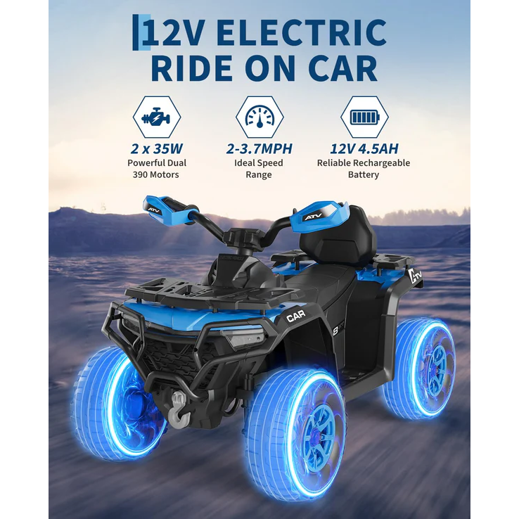 Garvee Quad Eléctrico 12V, Control Remoto, 2 Motores Potentes, Suspensión, LED, Bluetooth, Música, USB, 3-6 años, Exterior, Azul