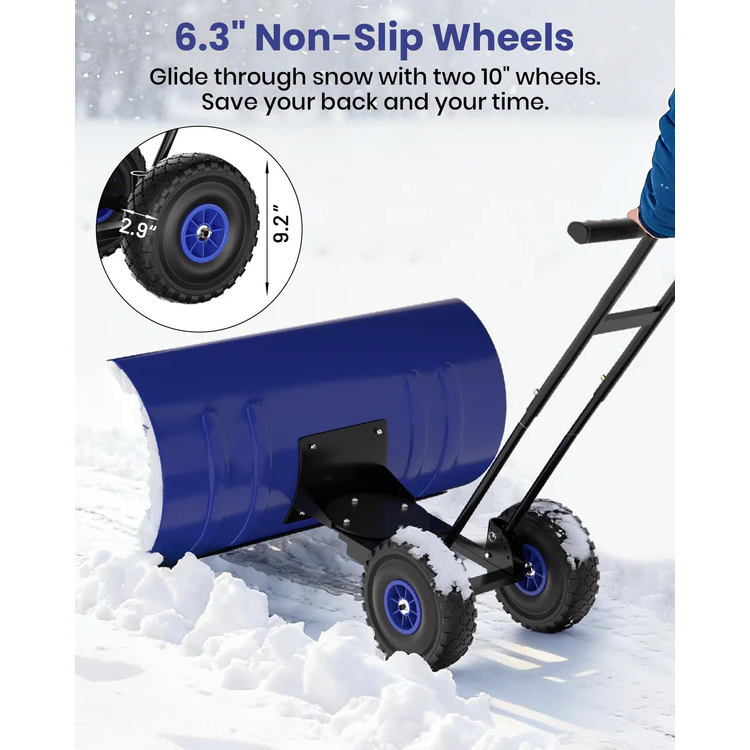 Garvee Pala de Nieve de Acero Galvanizado 73.66 Cm con Ruedas, Hoja Ajustable 7 Posiciones, Mango Ergonómico 5 Niveles, Estructura Duradera para Hogares y Negocios en Entradas y Aceras, Azul