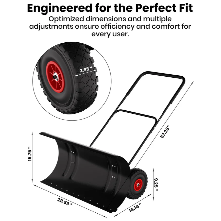 Garvee Empujador de Nieve Grande de Acero Resistente 73.66 Cm con Ruedas, Mango Ajustable y Base Protectora, Equipo Especializado para Propietarios de Autos en Entradas de Coches, Negro