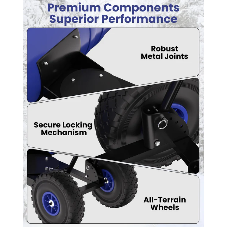 Garvee Pala de Nieve de Acero Galvanizado 73.66 Cm con Ruedas, Hoja Ajustable 7 Posiciones, Mango Ergonómico 5 Niveles, Estructura Duradera para Hogares y Negocios en Entradas y Aceras, Azul