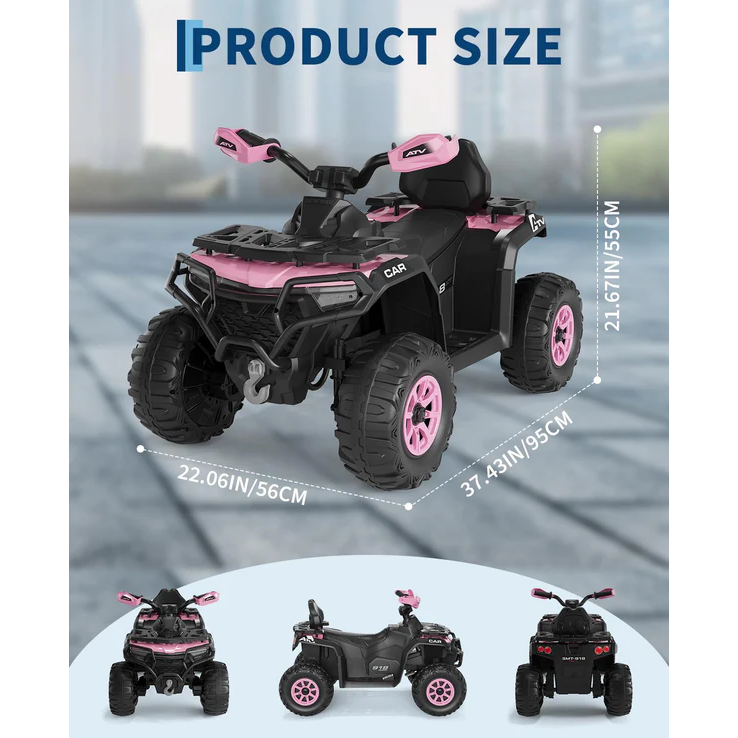 Garvee Quad Eléctrico 12V, 2 Motores, Suspensión, LED, Bluetooth, Música, USB, Control Parental, Ruedas de Plástico Off-Road, 3-6 años, Exterior, Rosa