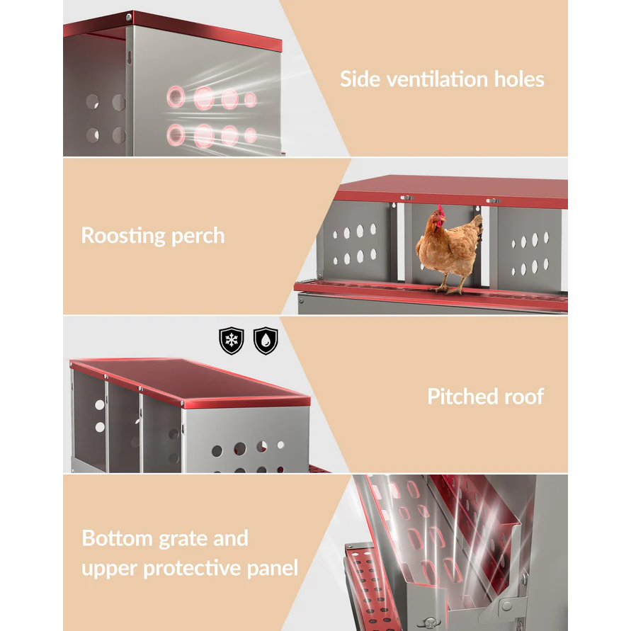 Garvee Caja de Nido para Gallinas 2 Capas 6 Compartimentos con Patas, Acero Galvanizado, Con 6 Huevos Falsos, Recogida Automática Ventilación, Fácil Limpieza, Rojo Verde