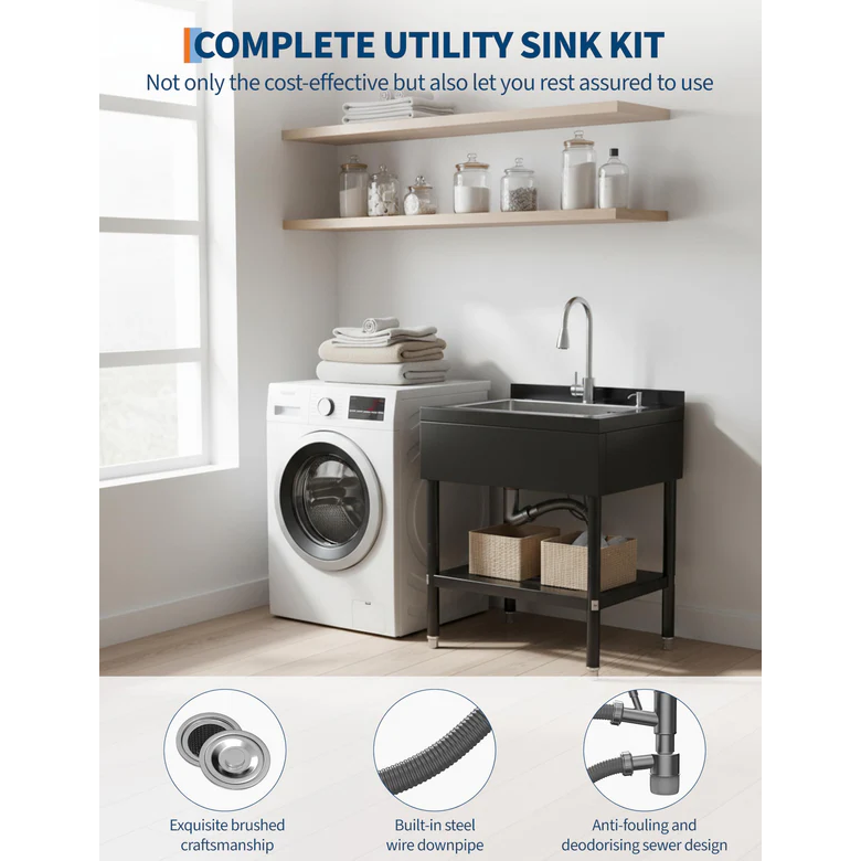 Garvee Fregadero de Acero Inoxidable 304 con Grifo Giratorio 360° y Ducha Extraíble para Garaje y Lavandería, Gran Cubeta Profunda, Negro