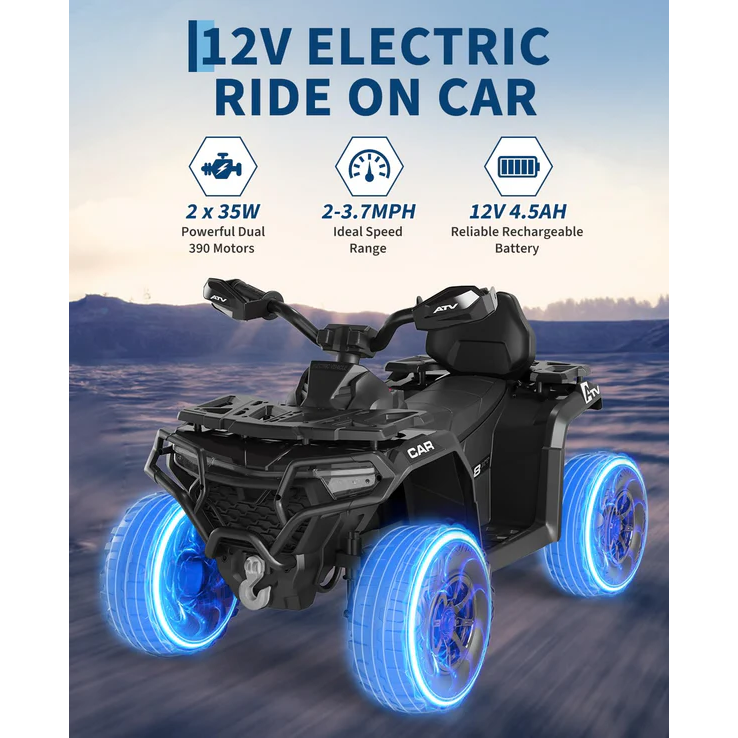 Garvee Quad Eléctrico 12V, 2 Motores, Suspensión Offroad, 4 Ruedas, LED Bluetooth, 3-6 años, Exterior, Negro