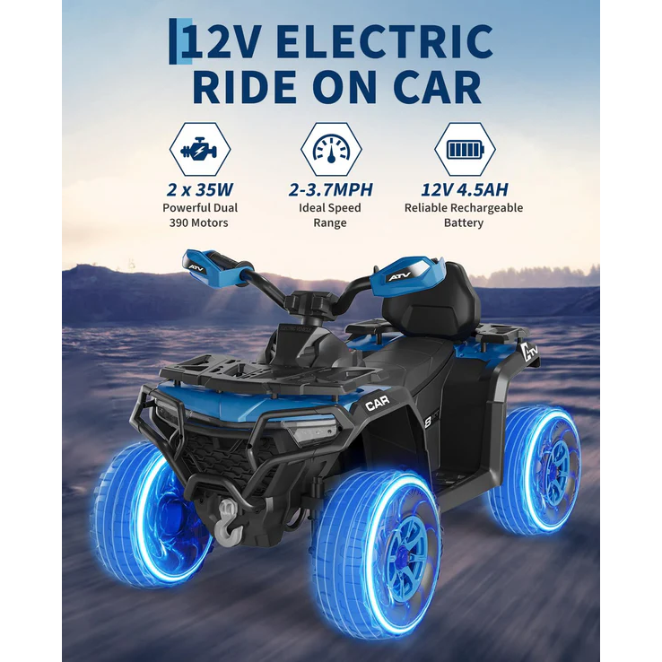 Garvee Quad Eléctrico Infantil 12V Todo Terreno Azul Para Niños 3-8 Años Con Control Parental y Bluetooth