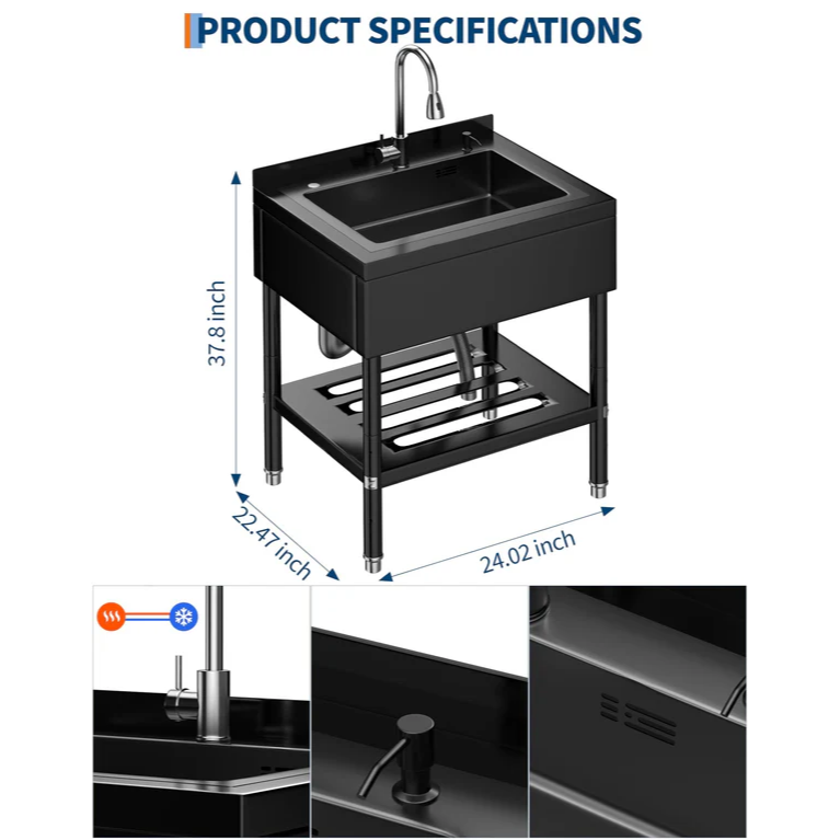 Garvee Fregadero Multifunción de Acero Inoxidable 304, 65.28×52.58×100.33cm con Grifo 360°, Acabado Negro y Estante Inferior, para Garaje y Lavandería