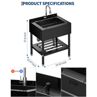 Garvee Fregadero Multifunción de Acero Inoxidable 304, 65.28×52.58×100.33cm con Grifo 360°, Acabado Negro y Estante Inferior, para Garaje y Lavandería