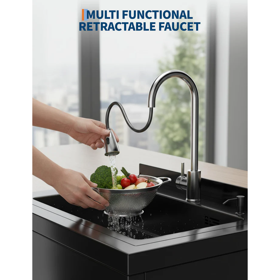 Garvee Fregadero Multifunción de Acero Inoxidable 304, 65.28×52.58×100.33cm con Grifo 360°, Acabado Negro y Estante Inferior, para Garaje y Lavandería