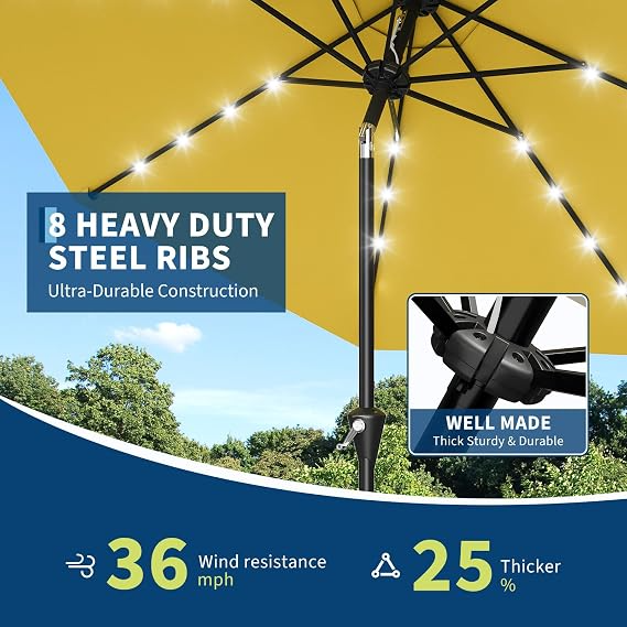 Garvee Sombrilla de Jardín Solar de 270 cm con Luces LED, Inclinación Ajustable y Manivela, Poliéster con Protección UPF, para Terraza y Patio, Amarilla
