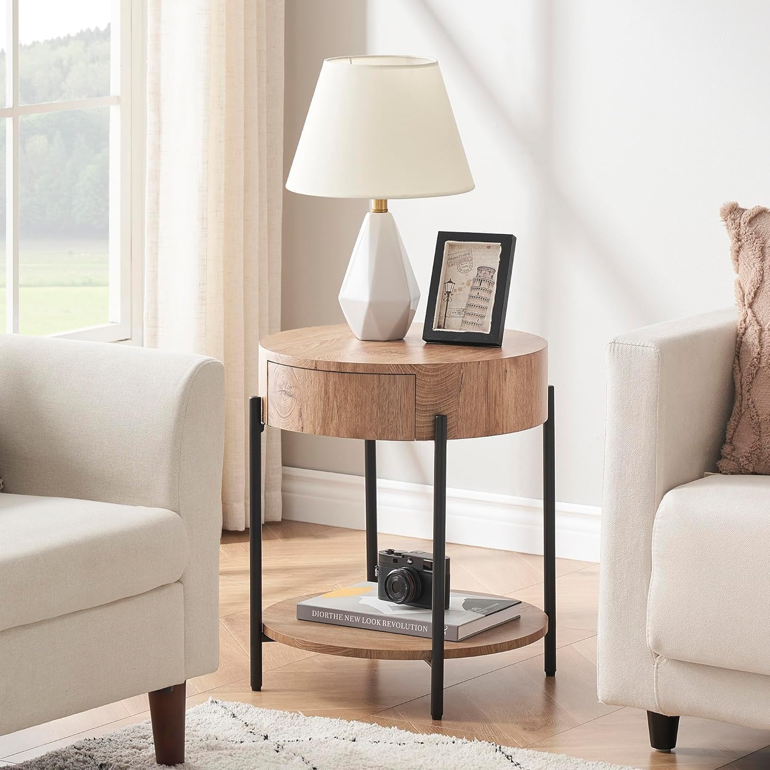Garvee Mesa Auxiliar Redonda de 50 cm con Cajón, Mesita de Noche de Madera MDF con Diseño de Anillos de Árbol y Patas de Metal para Salón y Dormitorio,Madera Natural