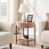 Garvee Mesa Auxiliar Redonda de 50 cm con Cajón, Mesita de Noche de Madera MDF con Diseño de Anillos de Árbol y Patas de Metal para Salón y Dormitorio,Madera Natural